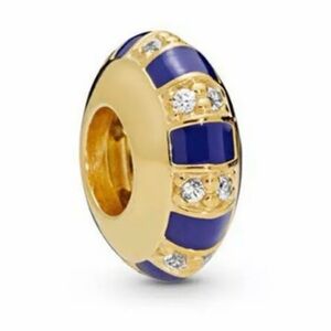 Gold and Blue Enamel Charm Bead with Crystal Accents